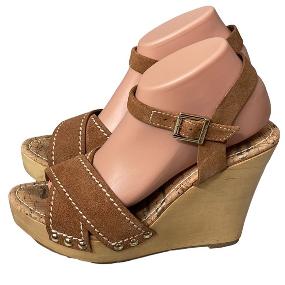 Sam Edelman Suede Leather Wedge Sandals Size 9.5 Brown Cairo Wooden Heel - Picture 1 of 9
